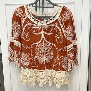 Ania A. Burnt Orange Scalloped Bell Sleeve Embroidered BOHO Top